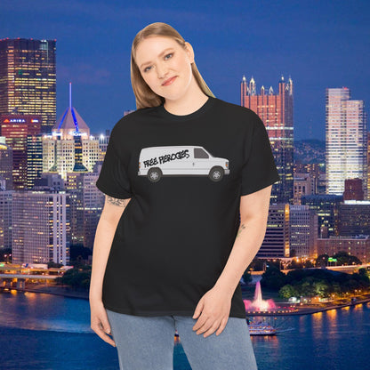Free Pierogies White Van T-Shirt | Pittsburgh Pierogi Humor Tee | Yinzer Joke PGH Shirt