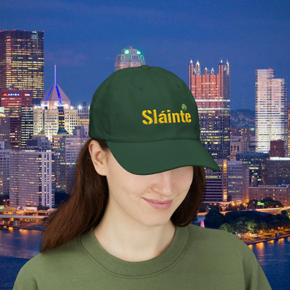 Slainte Shamrock Embroidered Dad Hat | Pittsburgh Yinzer Inspired Irish Cap | Black & Gold Style Baseball Hat | St Patricks Day Gift