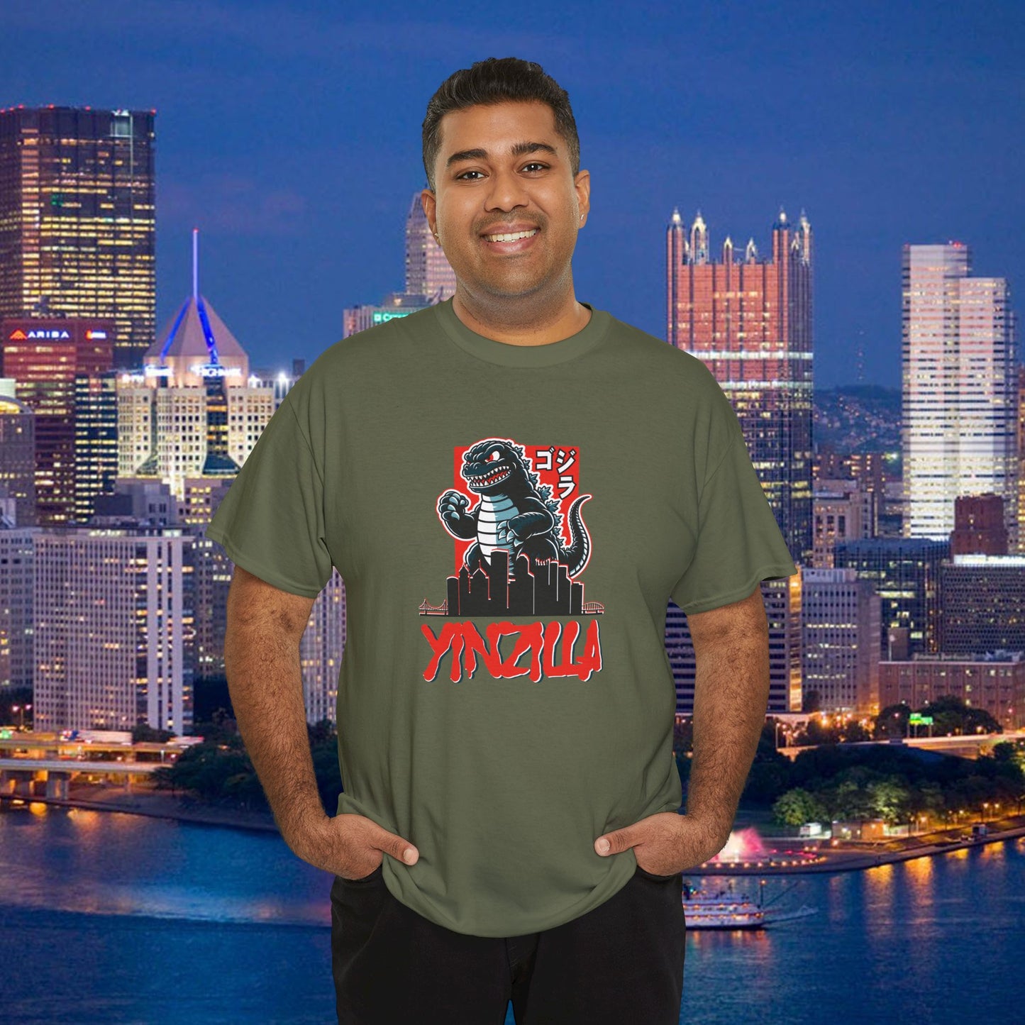 YINZILLA T-Shirt  Giant Lizard & Pittsburgh Skyline Silhouette Funny Yinzer PGH Monster Tee