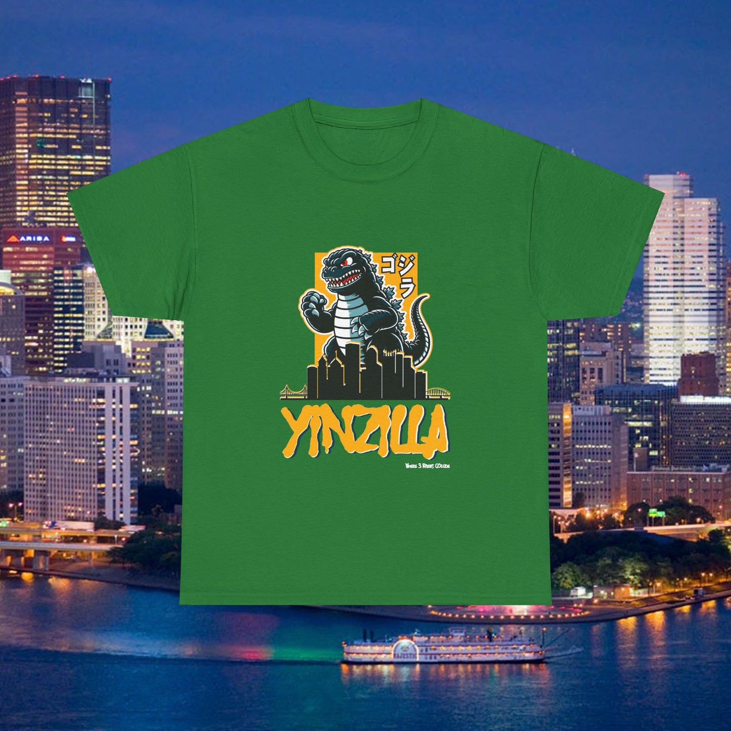 YINZILLA Black and Gold T-Shirt Giant Lizard & Pittsburgh Skyline Silhouette Funny Yinzer PGH Monster Tee