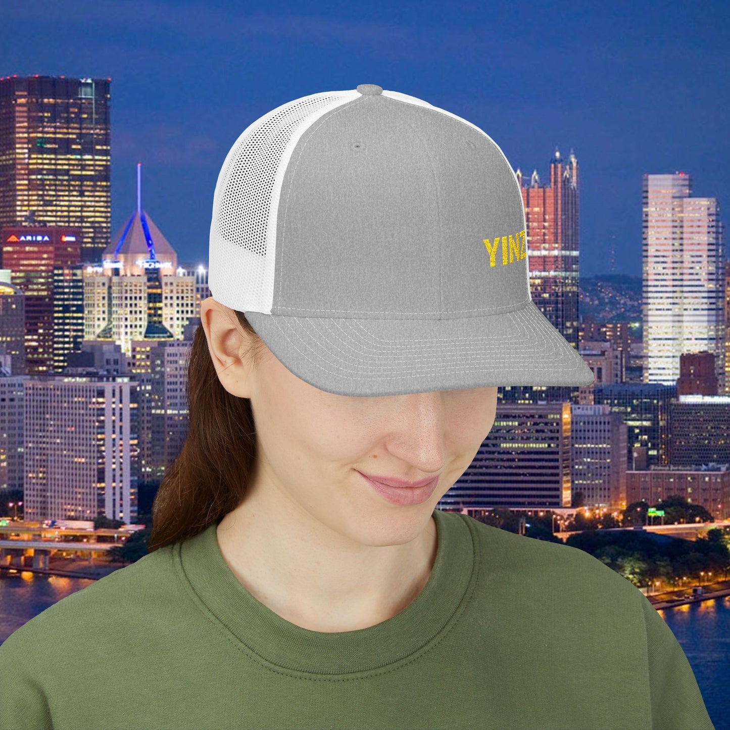 YIINZ Trucker Hat Embroidered | Pittsburghese Snapback Cap | Yinzer Humor | Black & Gold Style | PGH Gift