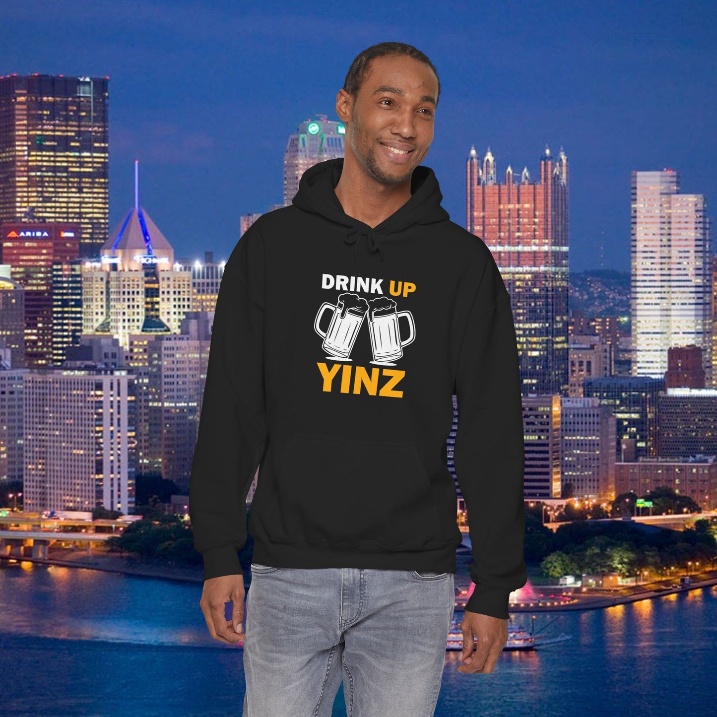 Drink Up YINZ Hoodie Two Beer Glasses Graphic | Funny Pittsburghese Yinzer Sweatshirt | PGH Tailgate Hoodie