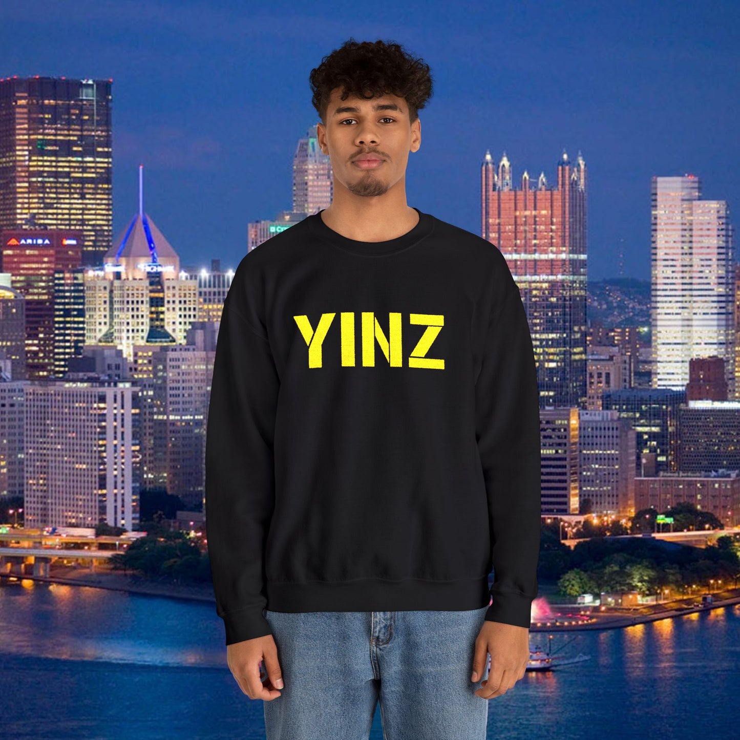 Black YINZ Embroidered Crewneck Sweatshirt, Pittsburghese Apparel, Gold Stitching, Steel City Gift, Unisex Cozy Sweater
