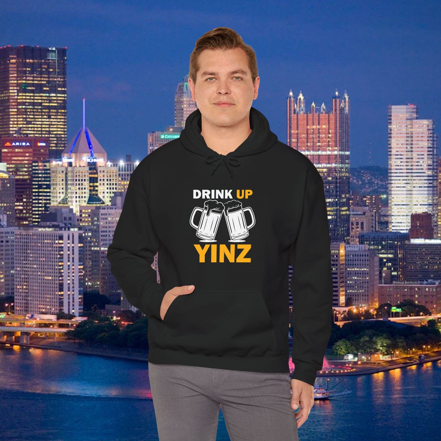 Drink Up YINZ Hoodie Two Beer Glasses Graphic | Funny Pittsburghese Yinzer Sweatshirt | PGH Tailgate Hoodie