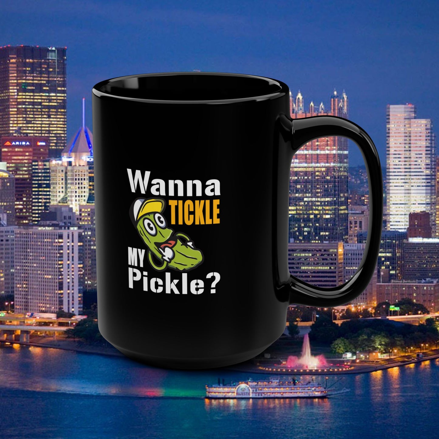 Wanna Tickle My Pickle? Coffee Mug | Funny Pickle Mug 15oz | Cute Pickle Cartoon Cup | Gag Gift Mug | Adult Humor Coffee Cup