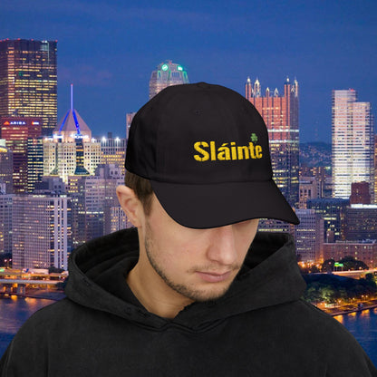 Slainte Shamrock Embroidered Dad Hat | Pittsburgh Yinzer Inspired Irish Cap | Black & Gold Style Baseball Hat | St Patricks Day Gift