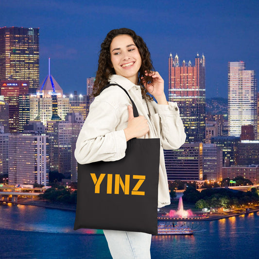 YINZ Canvas Tote Bag Pittsburghese Tote in Gold Lettering | Yinzer Gift | Pittsburgh Shopper Bag | Steel City Reusable Tote