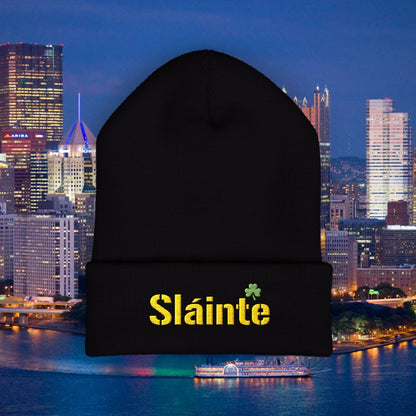 Slainte Shamrock Embroidered Beanie | Pittsburgh Yinzer Inspired Irish Hat | Black & Gold Style Winter Cap | St Patricks Day Gift