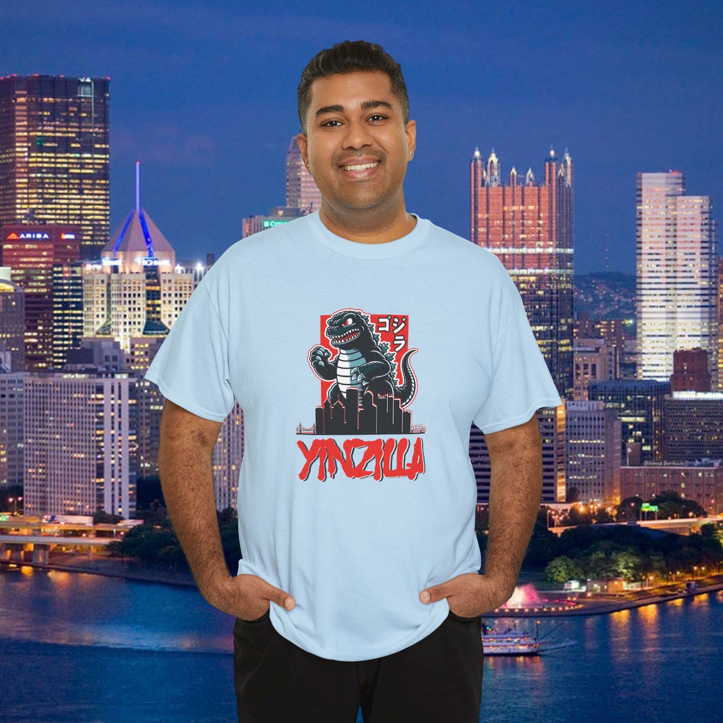 YINZILLA T-Shirt  Giant Lizard & Pittsburgh Skyline Silhouette Funny Yinzer PGH Monster Tee