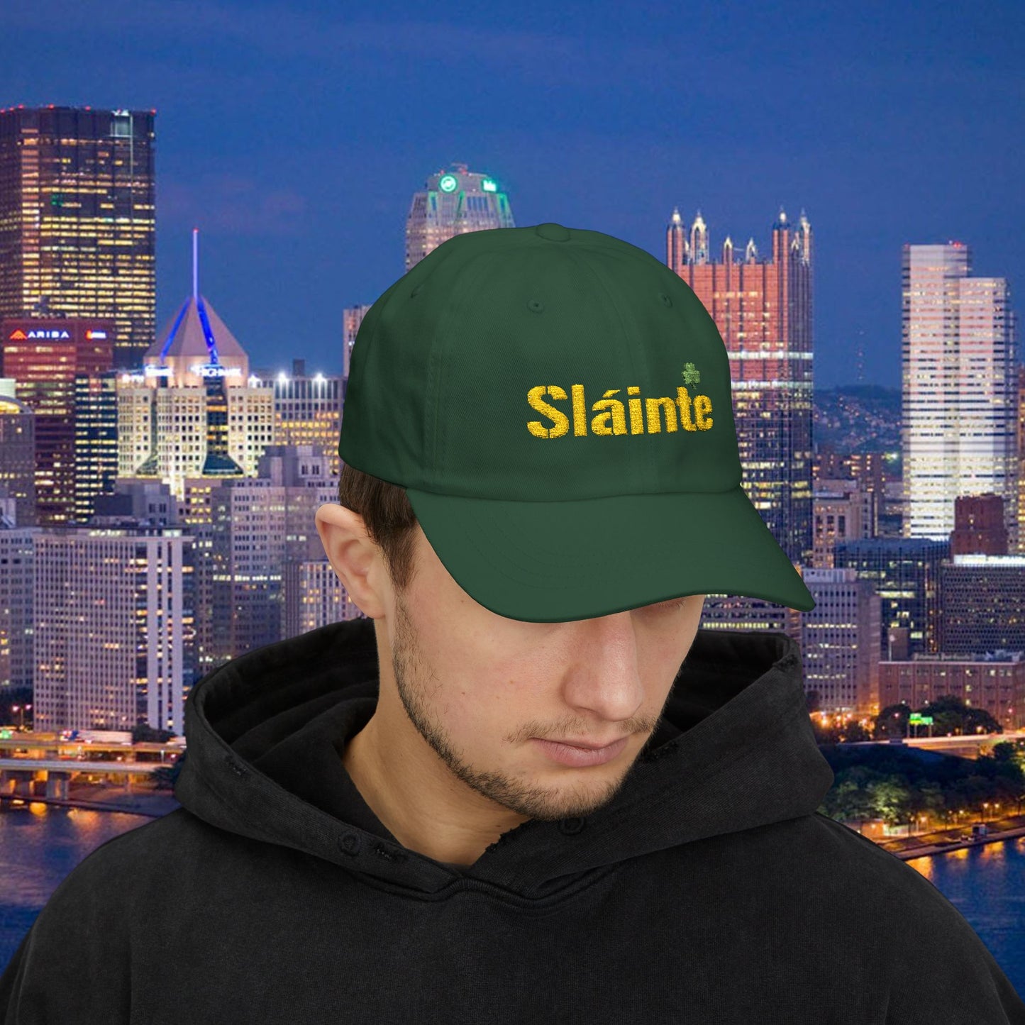 Slainte Shamrock Embroidered Dad Hat | Pittsburgh Yinzer Inspired Irish Cap | Black & Gold Style Baseball Hat | St Patricks Day Gift