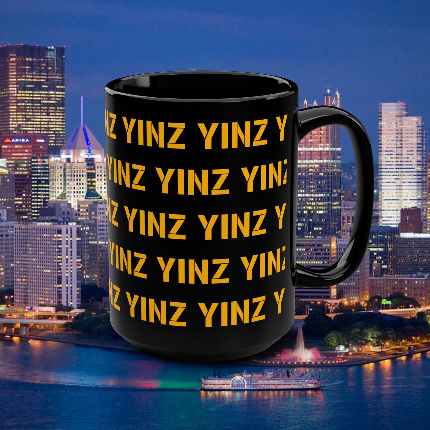 Yinz Pittsburgh Mug 15oz | Black Coffee Mug | Pittsburghese Repeating Pattern | Yinzer Gift | Steel City Coffee Cup