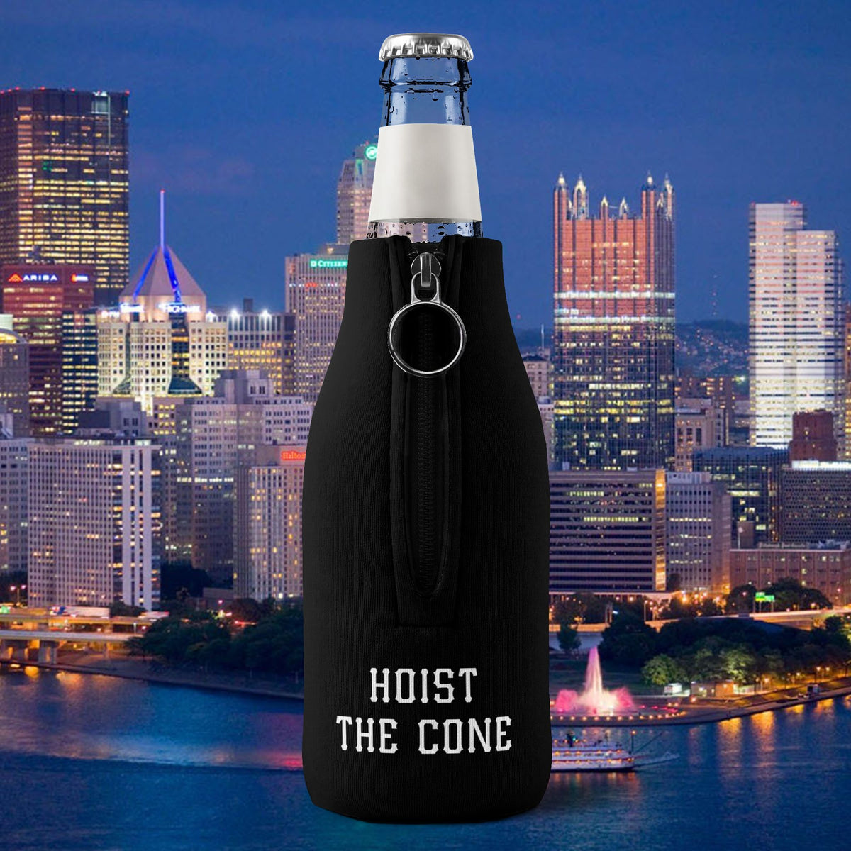 Hoist the Cone Bottle Coozie, Lets Go Bucs Zip-Up Holder, Pittsburgh Baseball Fan Gift, Funny Game Day Drink Sleeve