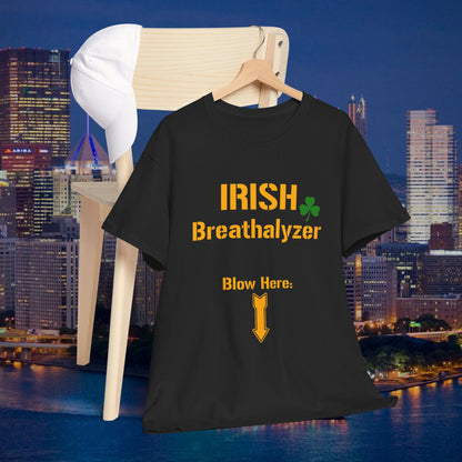 Irish Breathalyzer Blow Here T-Shirt | Funny St Patricks Day Pittsburgh Yinzer Shirt | Steelers Style Font Parody | Irish Drinking Tee