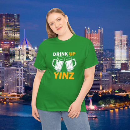 Drink Up YINZ T-Shirt Two Beer Mugs Graphic | Funny Pittsburghese Yinzer Shirt | PGH Party & Tailgate Tee
