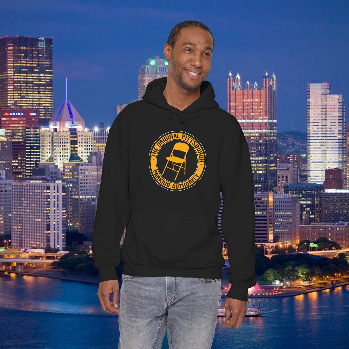 Pittsburgh Parking Chair Hoodie Original Pittsburgh Parking Authority Emblem | Funny Yinzer Pullover | Steel City Gift