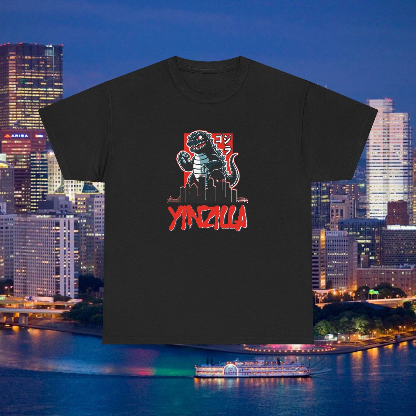 YINZILLA T-Shirt  Giant Lizard & Pittsburgh Skyline Silhouette Funny Yinzer PGH Monster Tee