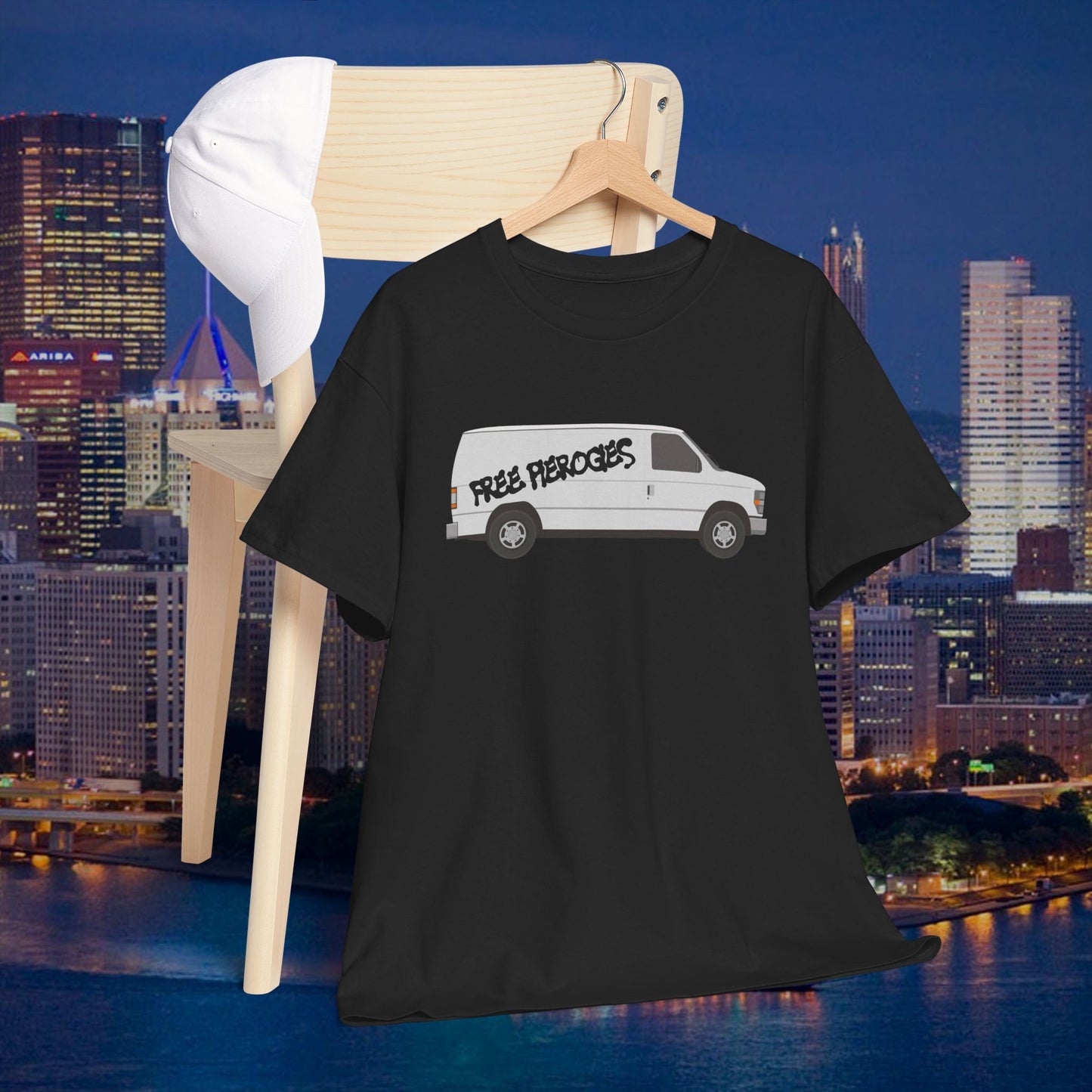 Free Pierogies White Van T-Shirt | Pittsburgh Pierogi Humor Tee | Yinzer Joke PGH Shirt