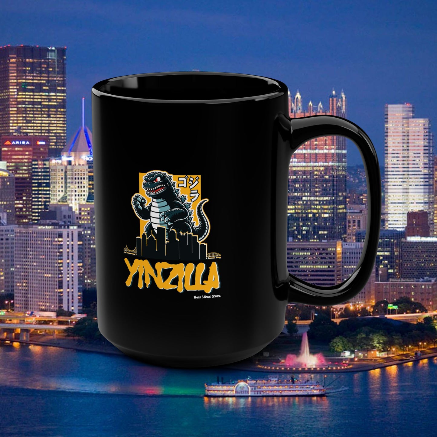 YINZILLA Coffee Mug 15oz | Pittsburgh Yinz Parody Godzilla Mug | Yinzer Funny PGH Gift | Black & Gold Humor Cup