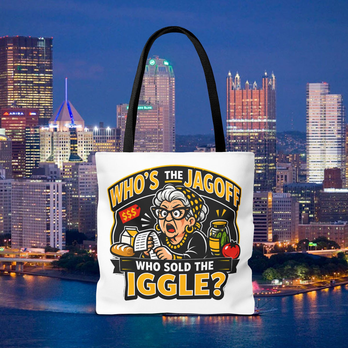 Who's the Jagoff Who Sold the Iggle? Pittsburgh Tote Bag | Funny Yinzer Grocery Humor | 18x18 Tote Bag | Pittsburghese Gift
