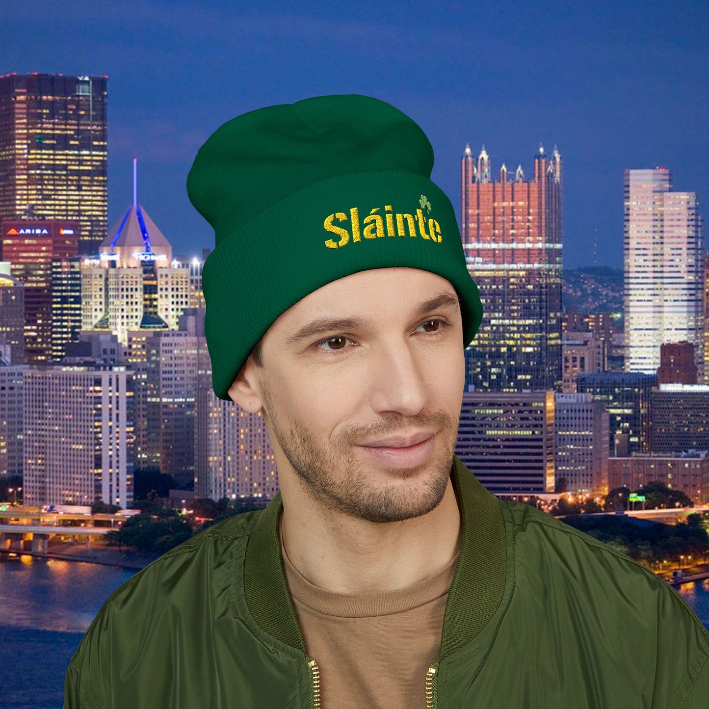 Slainte Shamrock Embroidered Beanie | Pittsburgh Yinzer Inspired Irish Hat | Black & Gold Style Winter Cap | St Patricks Day Gift