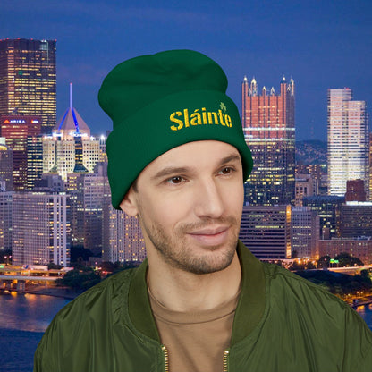 Slainte Shamrock Embroidered Beanie | Pittsburgh Yinzer Inspired Irish Hat | Black & Gold Style Winter Cap | St Patricks Day Gift