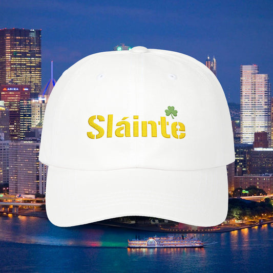 Slainte Shamrock Embroidered Dad Hat | Pittsburgh Yinzer Inspired Irish Cap | Black & Gold Style Baseball Hat | St Patricks Day Gift