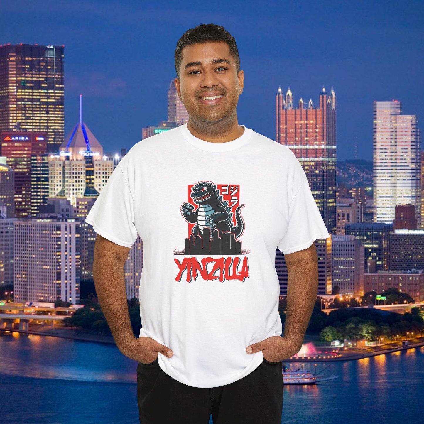 YINZILLA T-Shirt  Giant Lizard & Pittsburgh Skyline Silhouette Funny Yinzer PGH Monster Tee