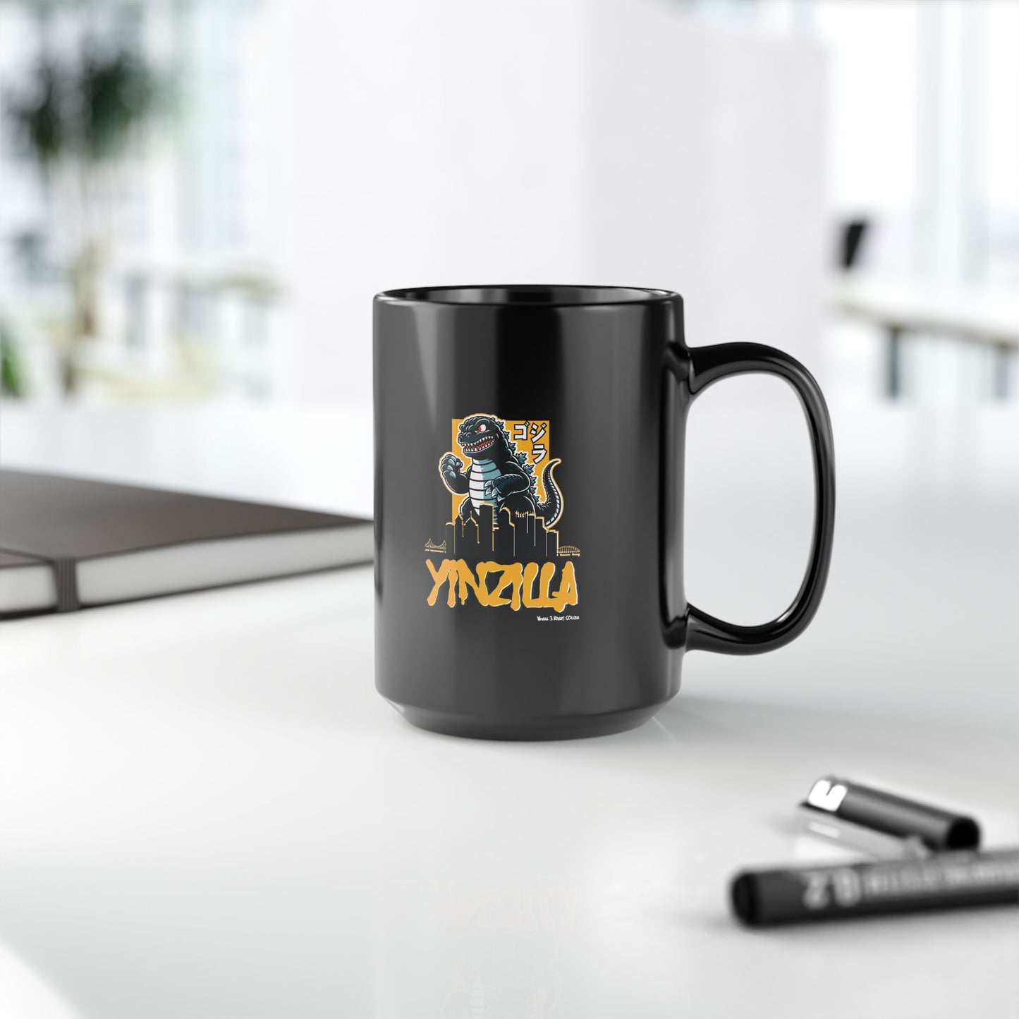 YINZILLA Coffee Mug 15oz | Pittsburgh Yinz Parody Godzilla Mug | Yinzer Funny PGH Gift | Black & Gold Humor Cup