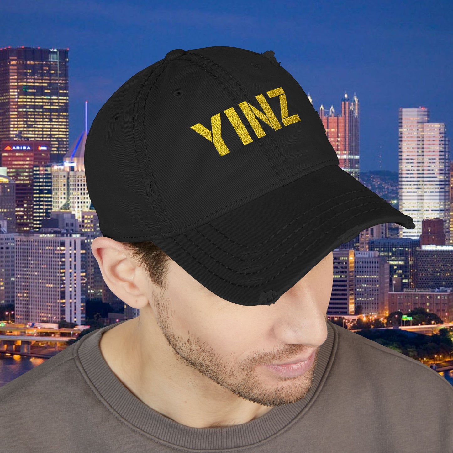 YINZ Pittsburgh Hat Embroidered Distressed Baseball Cap (Gold Thread) | Pittsburghese Dad Hat | Vintage Washed Crew Cap