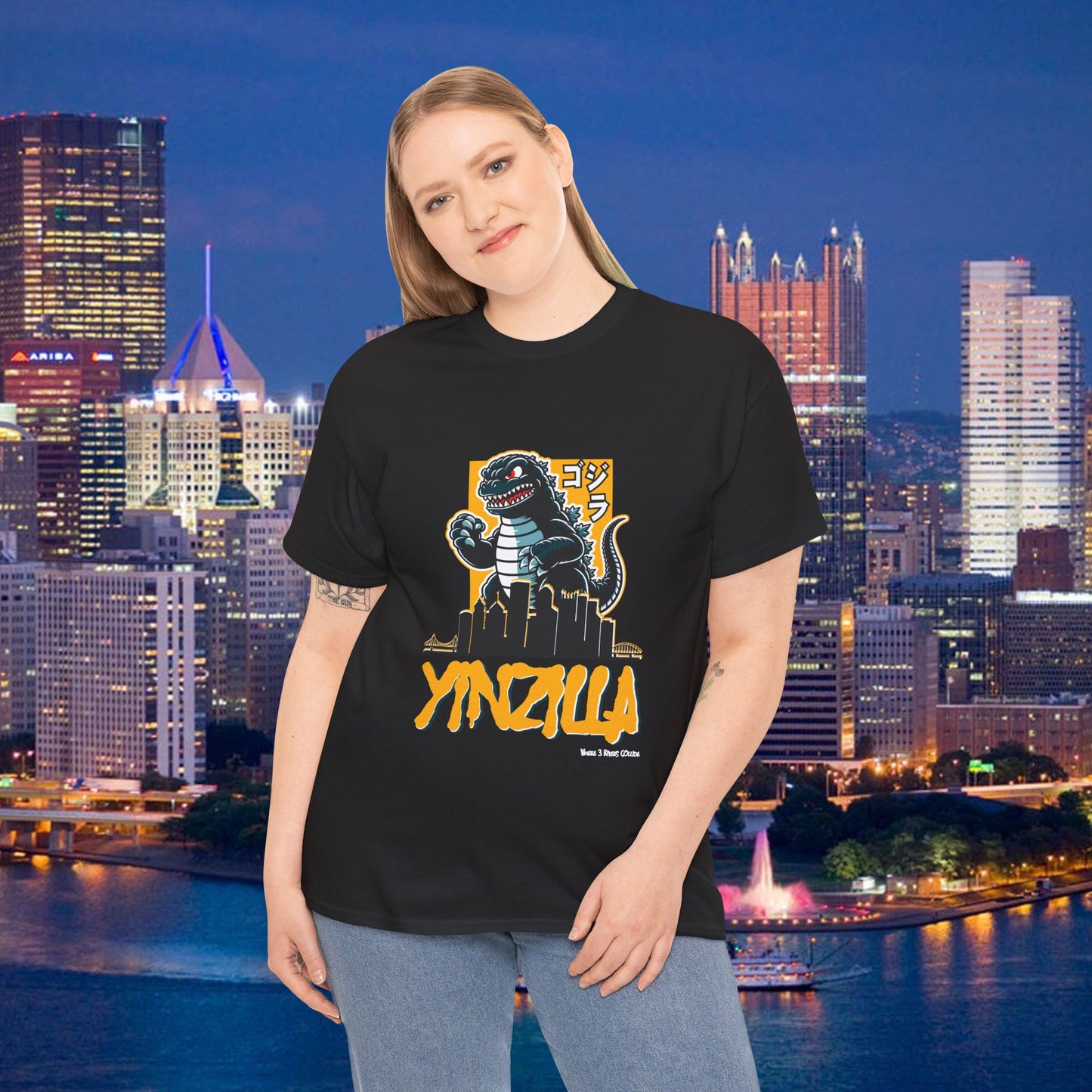 YINZILLA Black and Gold T-Shirt Giant Lizard & Pittsburgh Skyline Silhouette Funny Yinzer PGH Monster Tee