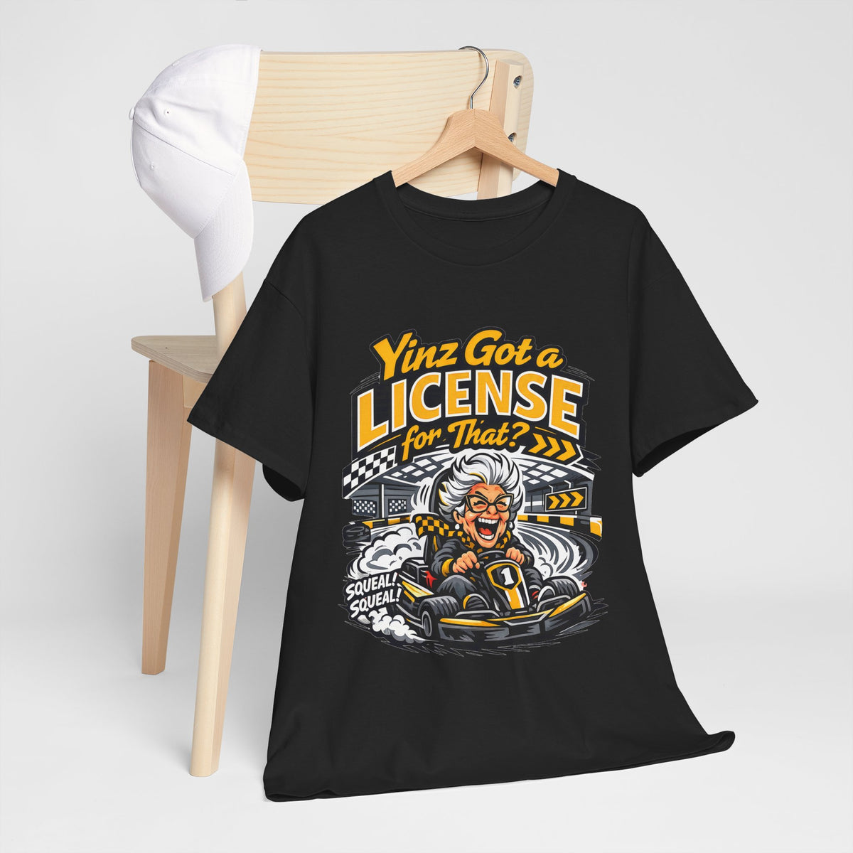 Yinz Got a License for That Shirt, Funny Pittsburgh Go Kart T-Shirt, Sarcastic Yinzer Racing Tee, Black and Gold Burgh Gift