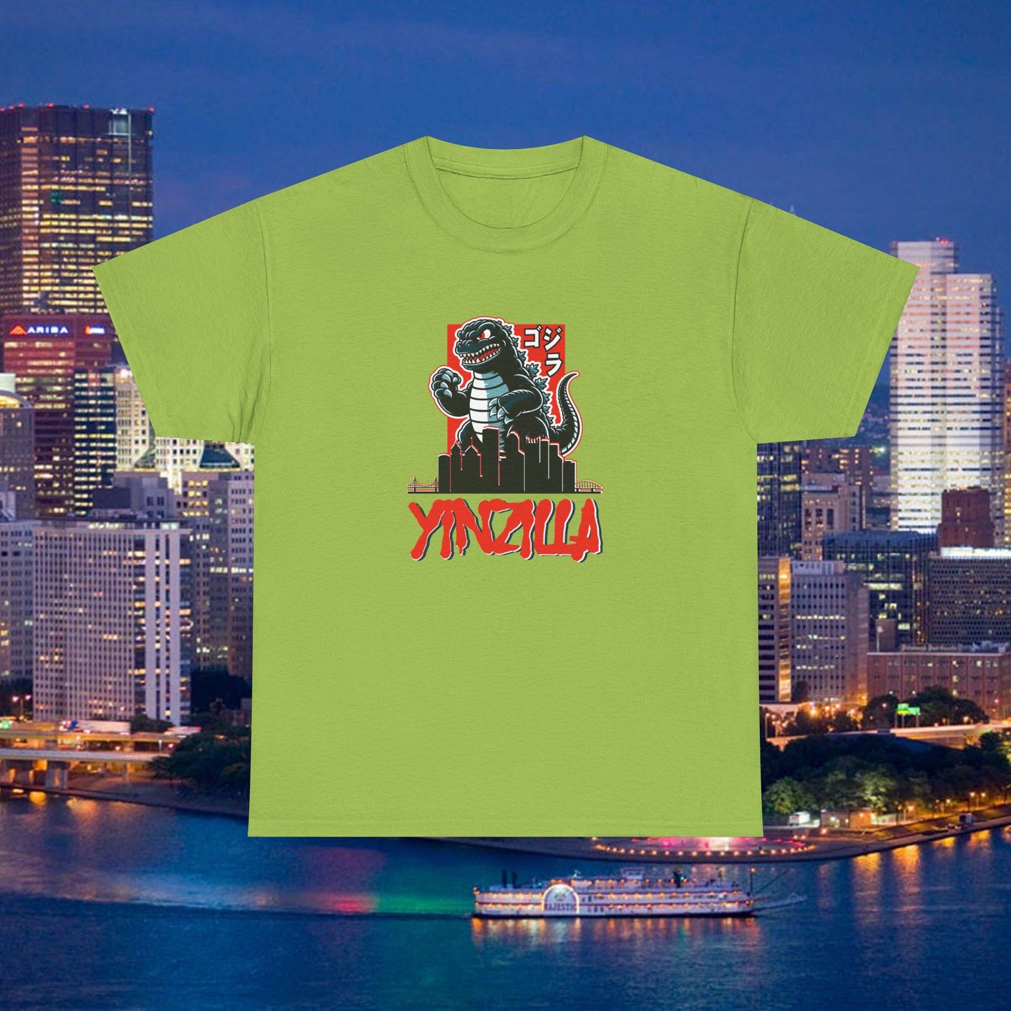 YINZILLA T-Shirt  Giant Lizard & Pittsburgh Skyline Silhouette Funny Yinzer PGH Monster Tee