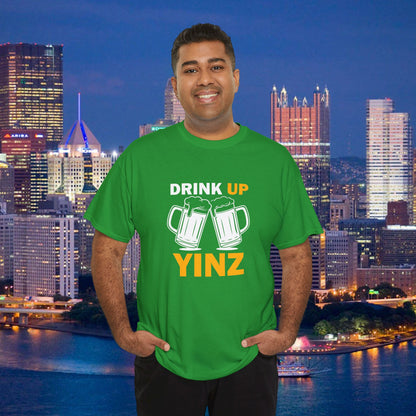Drink Up YINZ T-Shirt Two Beer Mugs Graphic | Funny Pittsburghese Yinzer Shirt | PGH Party & Tailgate Tee