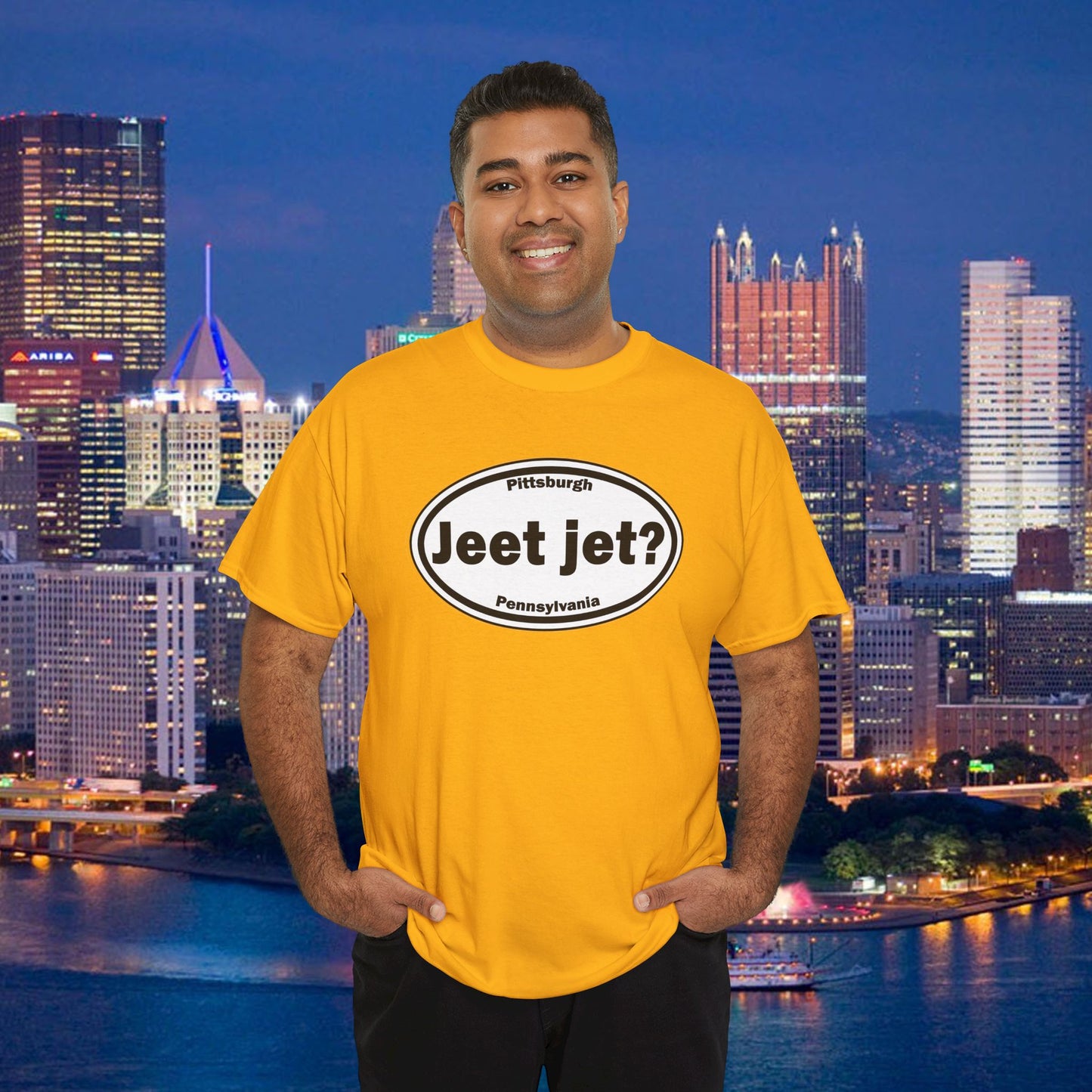 Jeet Jet Pittsburghese Oval T-Shirt | Yinzer Phrase Graphic Tee | PGH Slang Did You Eat Yet Shirt