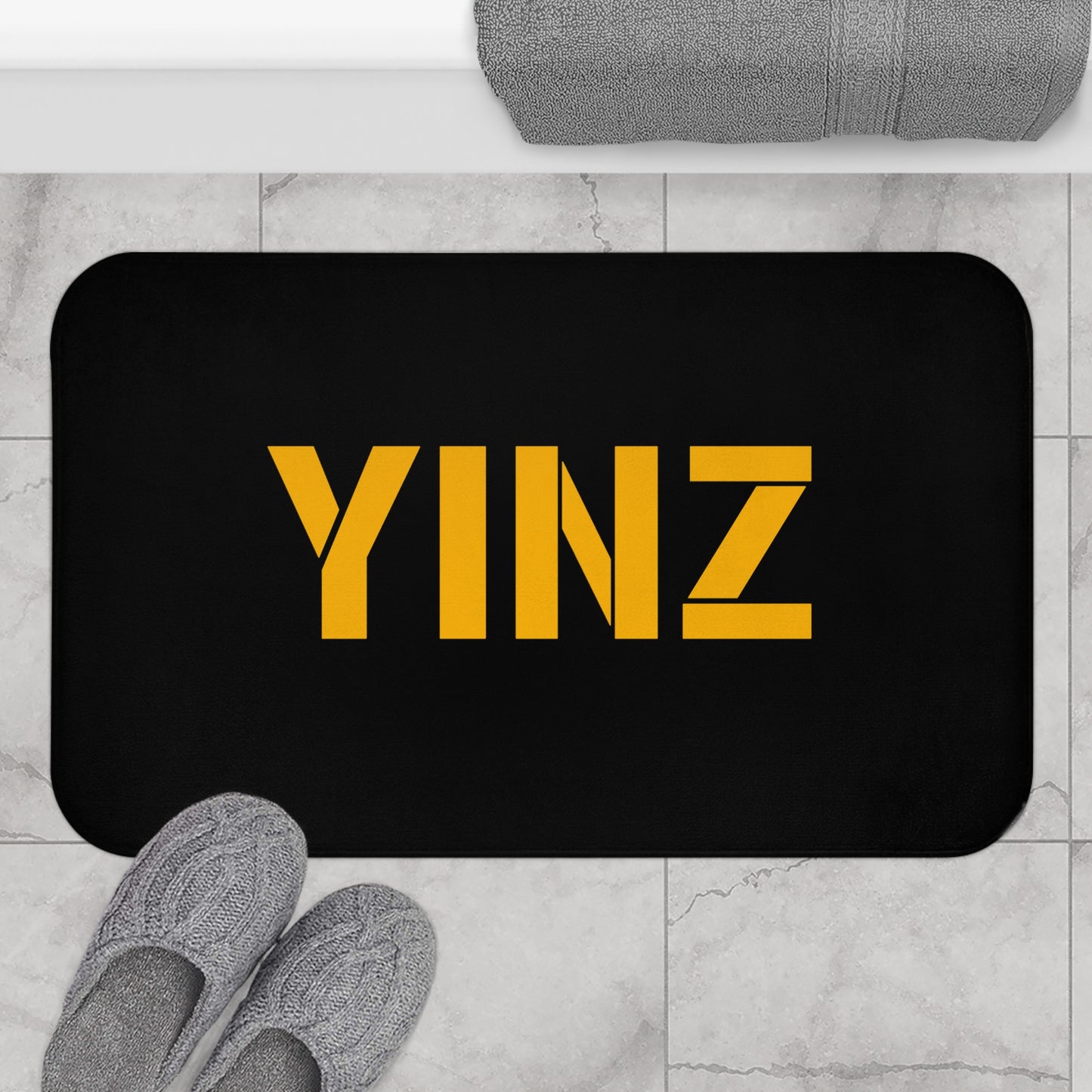 YINZ Bath Mat, Pittsburghese Bathroom Rug, Black and Gold Yinzer Decor, Pittsburgh Bathroom Mat, Funny Pittsburgh Housewarming Gift