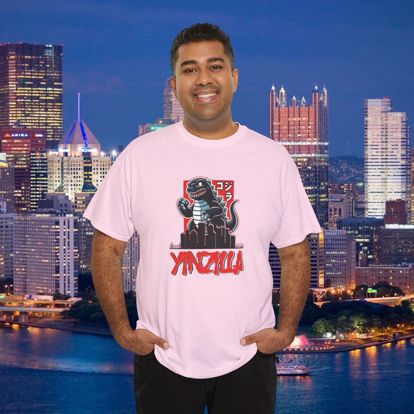 YINZILLA T-Shirt  Giant Lizard & Pittsburgh Skyline Silhouette Funny Yinzer PGH Monster Tee