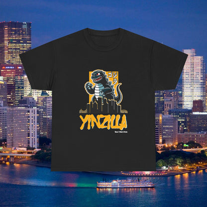 YINZILLA Black and Gold T-Shirt Giant Lizard & Pittsburgh Skyline Silhouette Funny Yinzer PGH Monster Tee