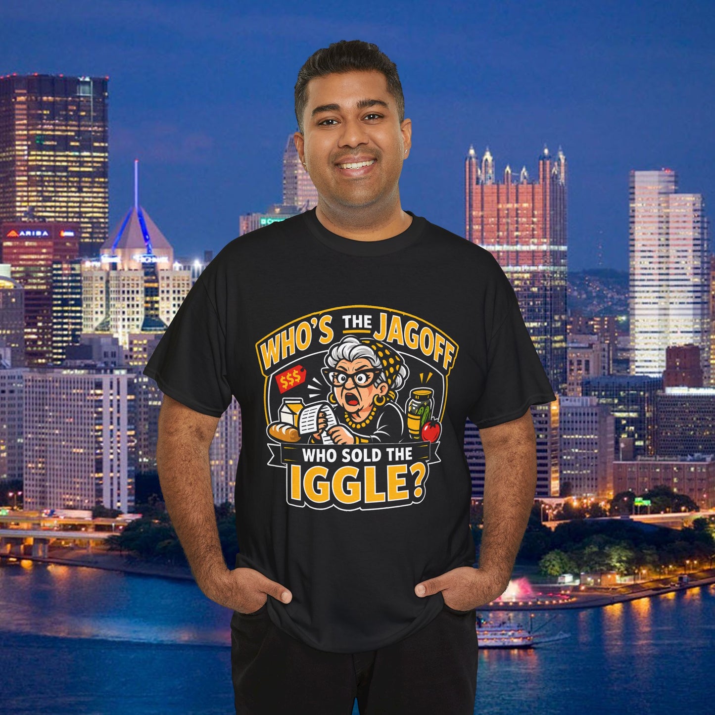 Who Sold the Iggle T-Shirt, Pittsburgh Jagoff Shirt, Funny Yinzer Grocery Tee, Pittsburghese Humor Gift, Black and Gold Local Shirt
