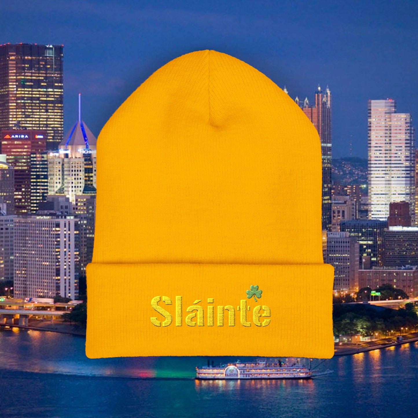 Slainte Shamrock Embroidered Beanie | Pittsburgh Yinzer Inspired Irish Hat | Black & Gold Style Winter Cap | St Patricks Day Gift