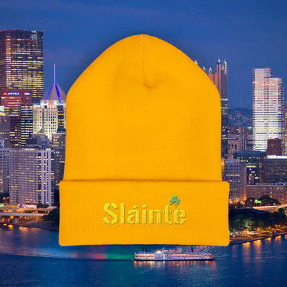 Slainte Shamrock Embroidered Beanie | Pittsburgh Yinzer Inspired Irish Hat | Black & Gold Style Winter Cap | St Patricks Day Gift