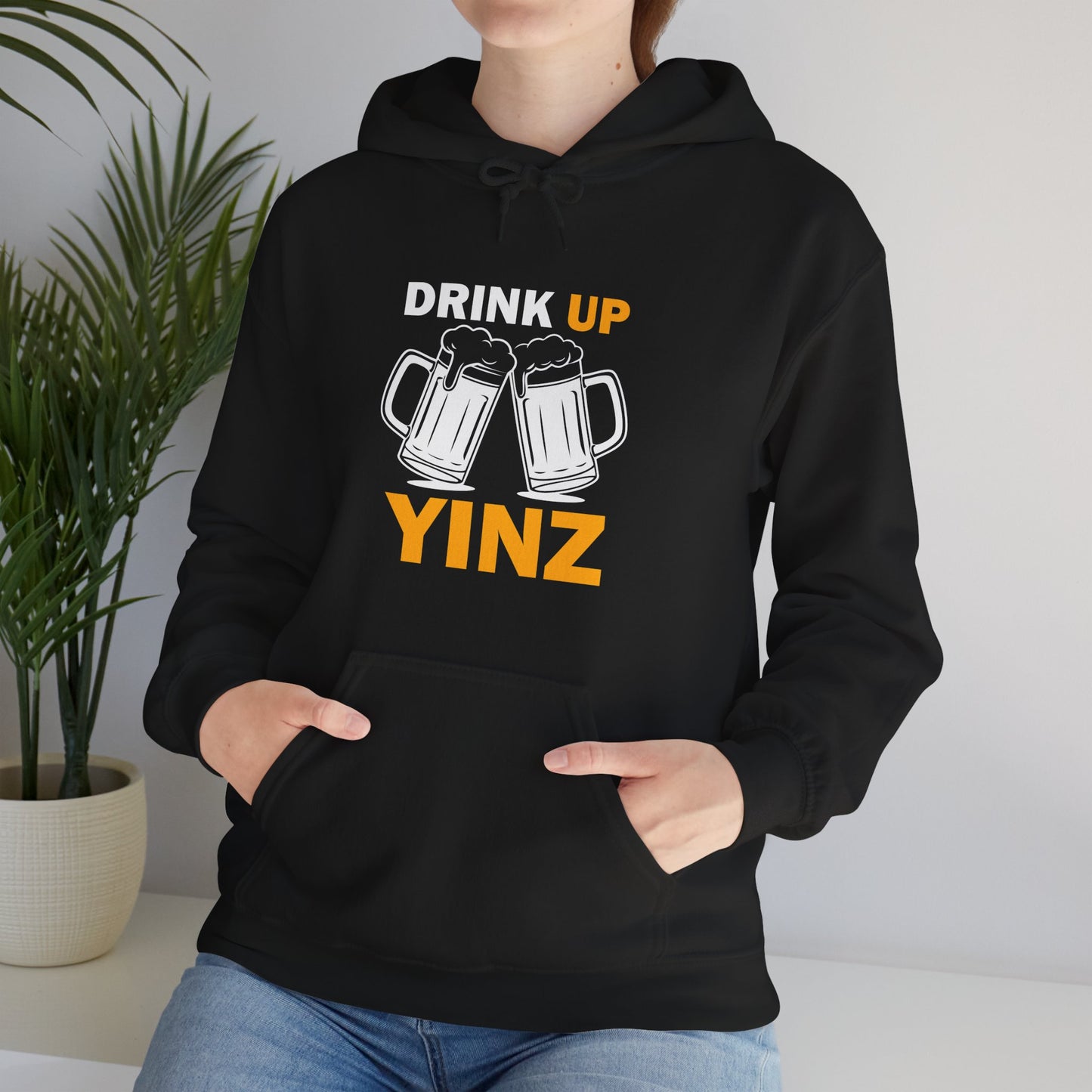 Drink Up YINZ Hoodie Two Beer Glasses Graphic | Funny Pittsburghese Yinzer Sweatshirt | PGH Tailgate Hoodie