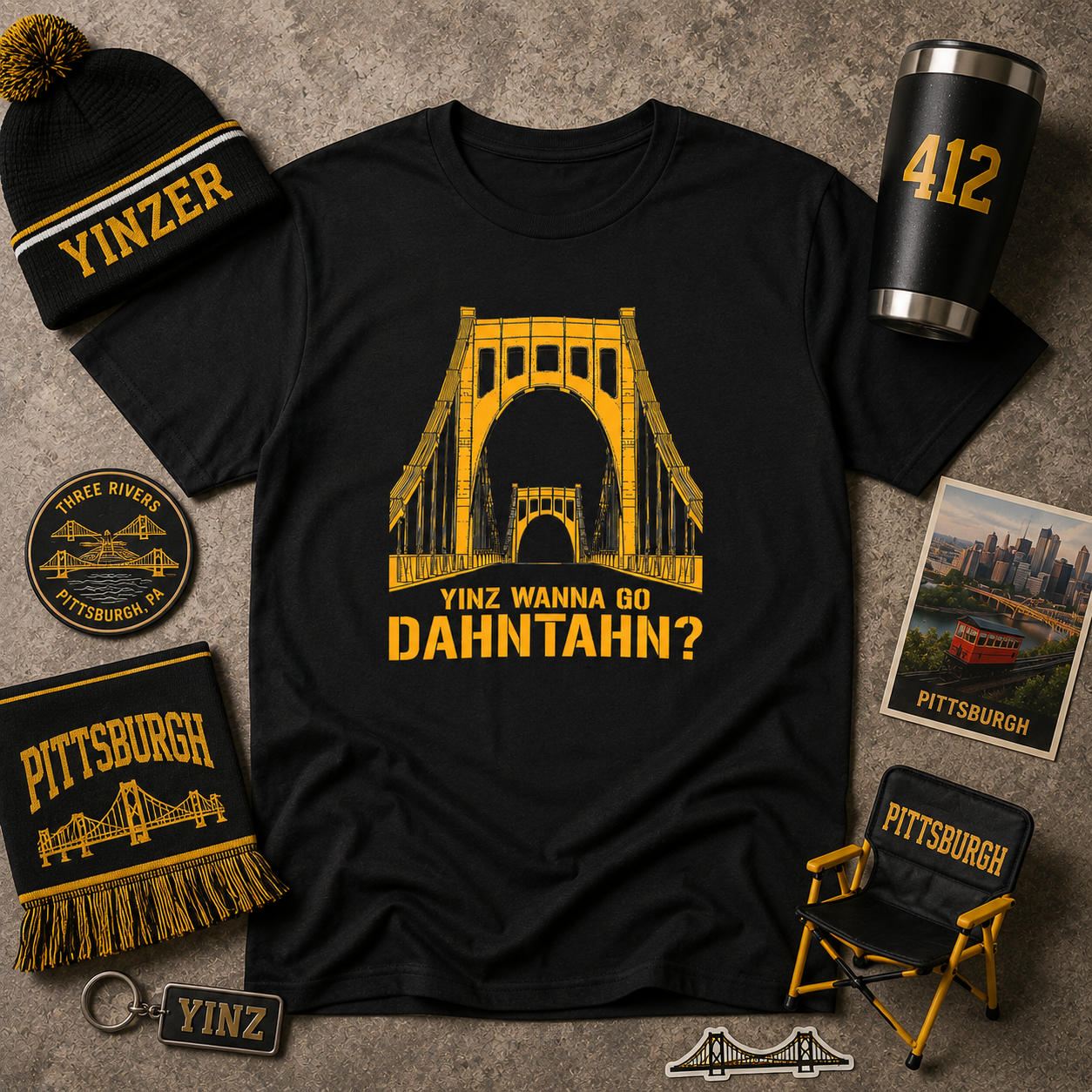 Yinz Wanna Go Dahntahn? T-Shirt | 6th Street Bridge Pittsburgh Tee | Pittsburghese Yinzer Shirt | Steel City Humor Graphic | PGH Gift