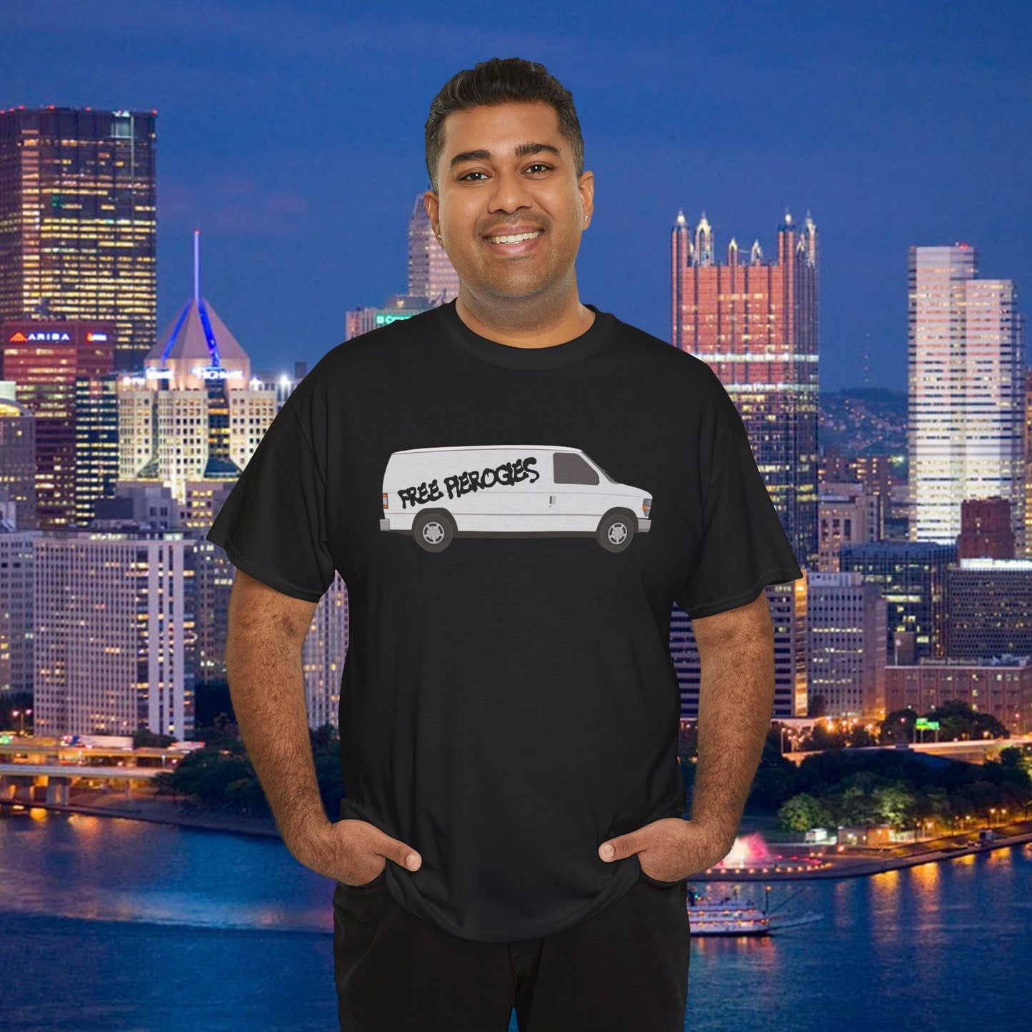 Free Pierogies White Van T-Shirt | Pittsburgh Pierogi Humor Tee | Yinzer Joke PGH Shirt