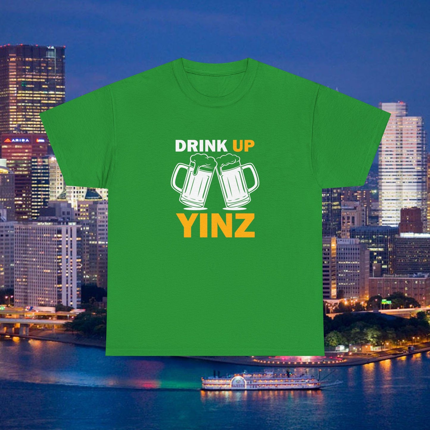 Drink Up YINZ T-Shirt Two Beer Mugs Graphic | Funny Pittsburghese Yinzer Shirt | PGH Party & Tailgate Tee