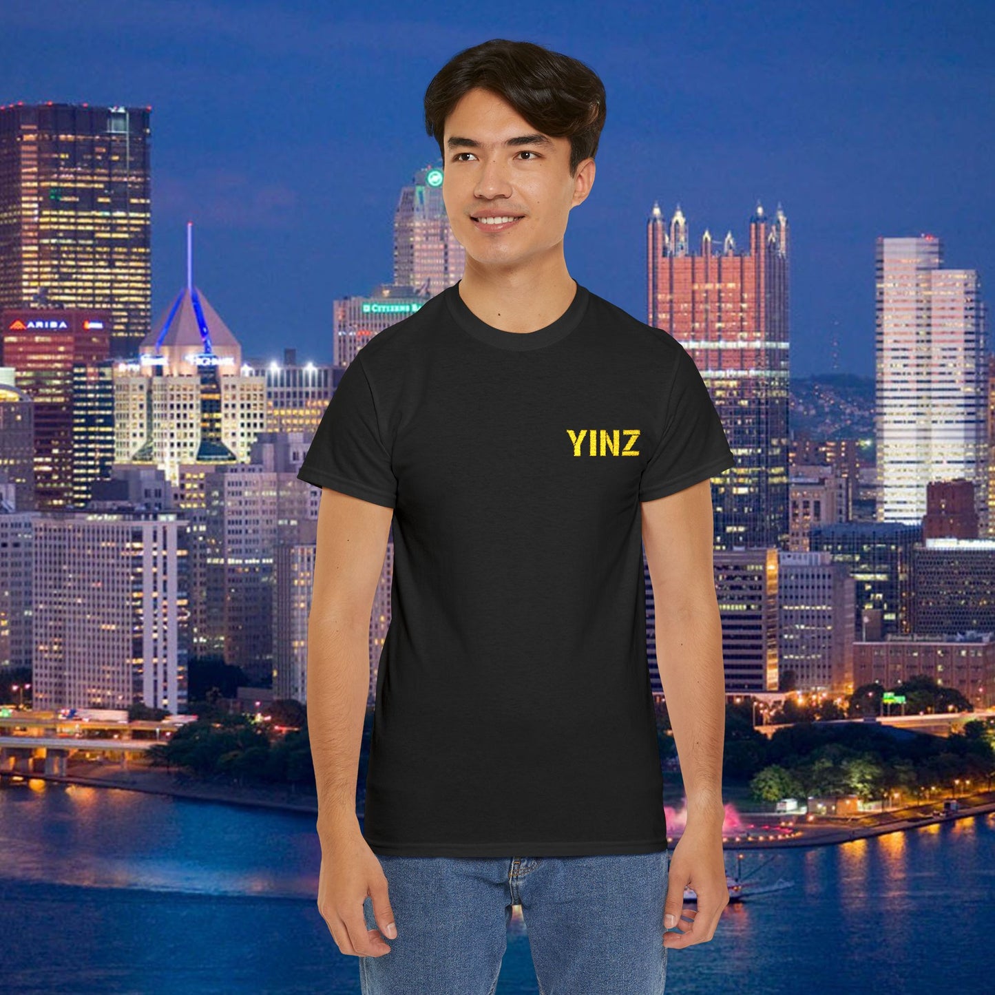 Black Embroidered T-Shirt YINZ in Gold Thread (Left Chest) | Pittsburghese Yinzer Tee | Steel City Pride