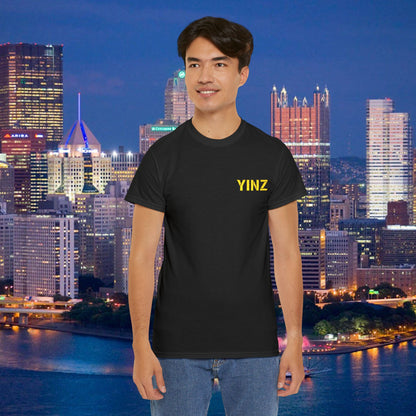 Black Embroidered T-Shirt YINZ in Gold Thread (Left Chest) | Pittsburghese Yinzer Tee | Steel City Pride
