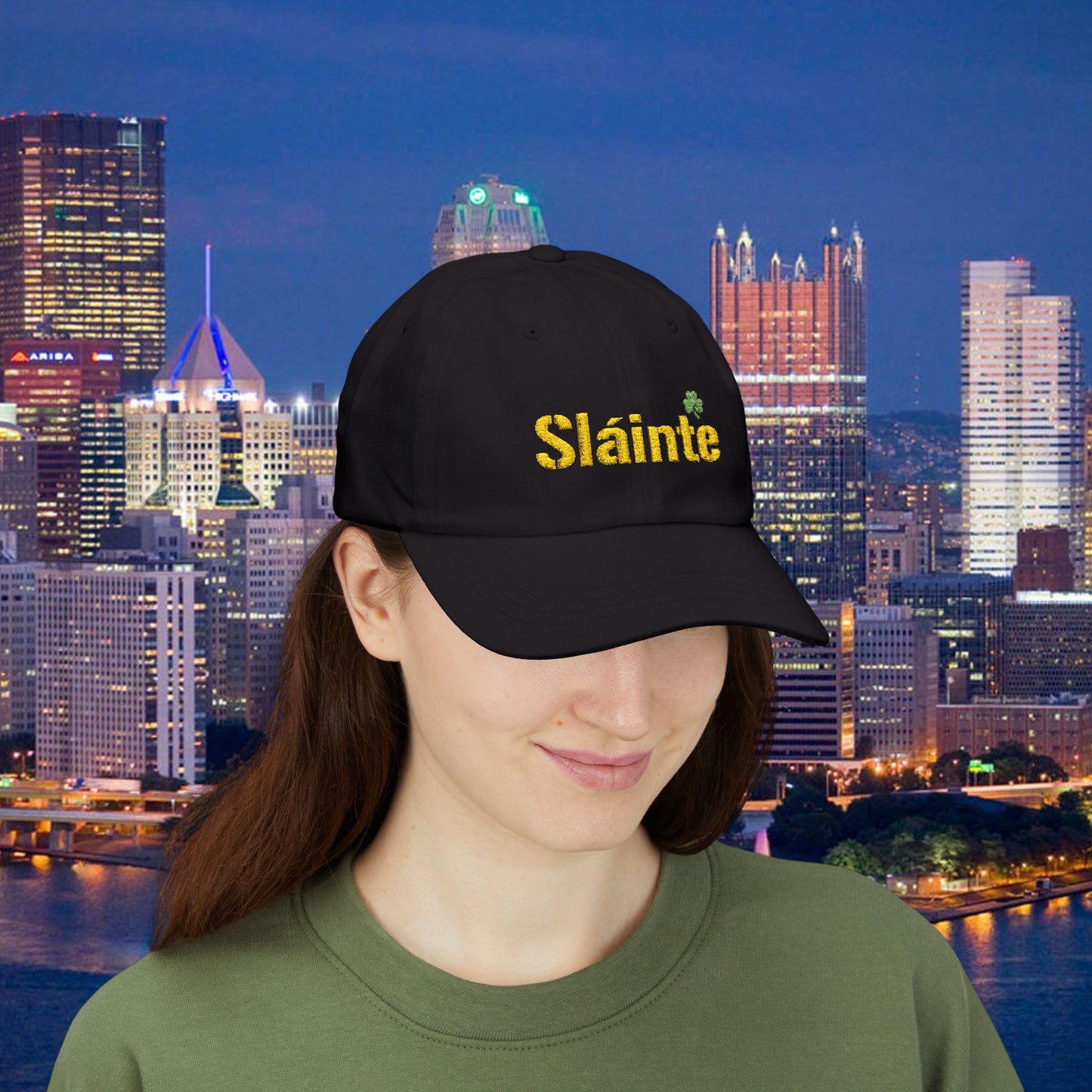 Slainte Shamrock Embroidered Dad Hat | Pittsburgh Yinzer Inspired Irish Cap | Black & Gold Style Baseball Hat | St Patricks Day Gift