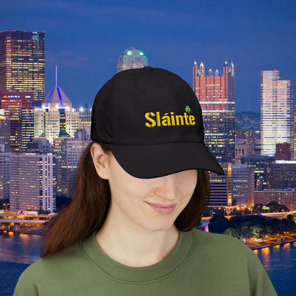 Slainte Shamrock Embroidered Dad Hat | Pittsburgh Yinzer Inspired Irish Cap | Black & Gold Style Baseball Hat | St Patricks Day Gift