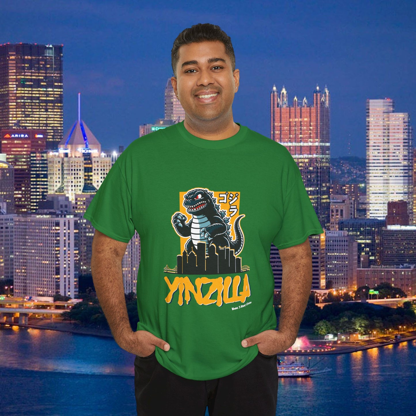 YINZILLA Black and Gold T-Shirt Giant Lizard & Pittsburgh Skyline Silhouette Funny Yinzer PGH Monster Tee