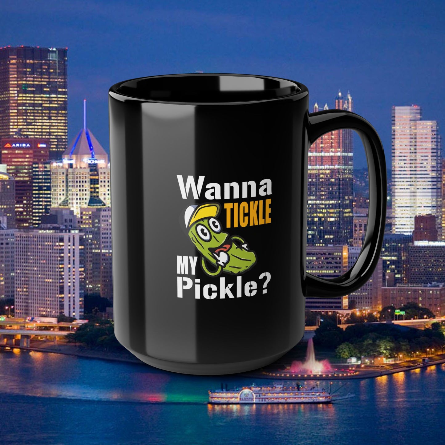 Wanna Tickle My Pickle? Coffee Mug | Funny Pickle Mug 15oz | Cute Pickle Cartoon Cup | Gag Gift Mug | Adult Humor Coffee Cup